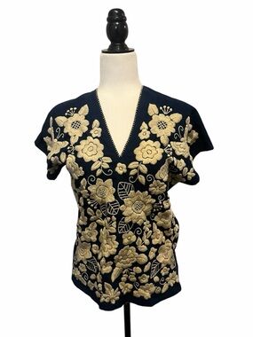 Navy V-Neck Women’s Top with Cream Floral Embroidery